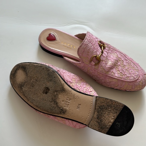 Gucci Pink/Beige Lace and Leather Princetown Flat Mules Size 36.5 - Picture 2 of 4